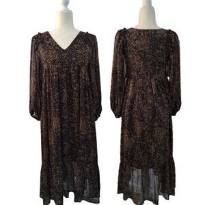 Mittoshop Dark Floral Midi Tiered Dress Balloon Sleeves Shimmer Gold Dark Small